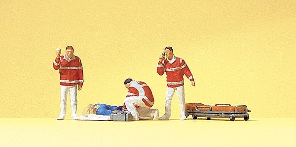 Paramedics pkg(4) -- With Injured Person on Blanket, HO, Preiser Kg 10543