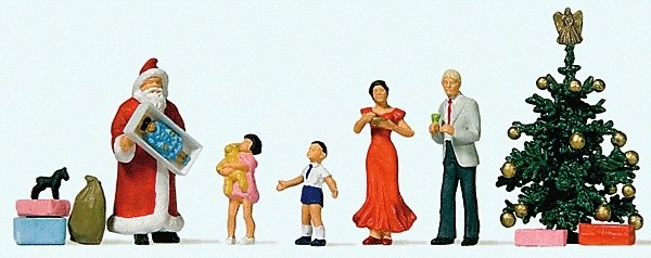Merry Christmas -- Santa, 4 Figures & Tree, HO, Preiser Kg 10652