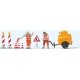 Road Construction Workers with Accessories -- 2 Figures, Compressor Trailer and Signs, HO, Preiser Kg 10754
