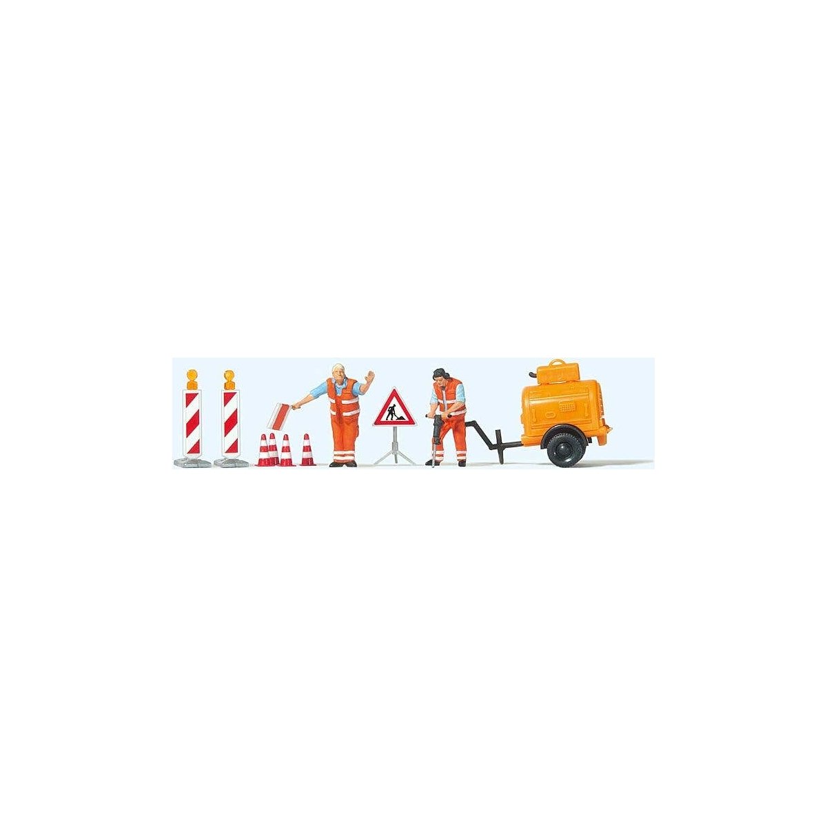 Road Construction Workers with Accessories -- 2 Figures, Compressor Trailer and Signs, HO, Preiser Kg 10754