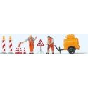 Road Construction Workers with Accessories -- 2 Figures, Compressor Trailer and Signs, HO, Preiser Kg 10754