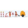 Road Construction Workers with Accessories -- 2 Figures, Compressor Trailer and Signs, HO, Preiser Kg 10754