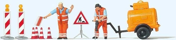 Road Construction Workers with Accessories -- 2 Figures, Compressor Trailer and Signs, HO, Preiser Kg 10754