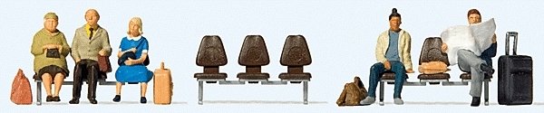 Waiting Travelers 1 -- 5 Figures, 3 Seat Rows, HO, Preiser Kg 10660