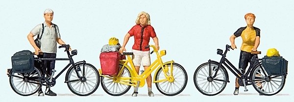 Standing Cyclists in Sportswear w/Bikes -- Set 1 pkg(3), HO, Preiser Kg 10643