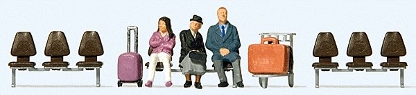 Waiting Travelers 2 -- 3 Figures, Luggage Cart, 3 Seat Rows, HO, Preiser Kg 10661