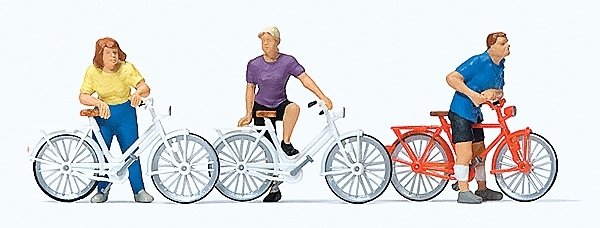 Cyclists Waiting At Crossing -- 3 Figures, 3 Bikes, HO, Preiser Kg 10637