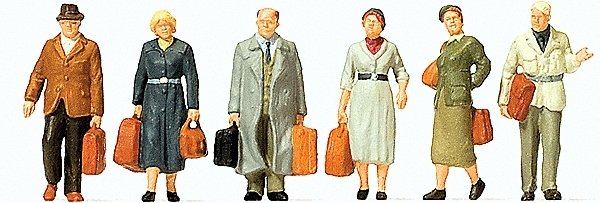 Walking Passengers w/Luggage -- Early Era III pkg(6), HO, Preiser Kg 10582