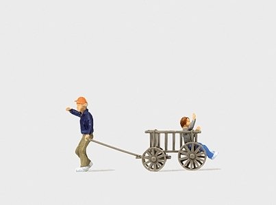 Man Pulling a Child in a Wooden Cart, HO, Preiser Kg 28112