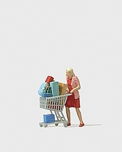 Individual Figures, Pedestrians -- Shopaholic w/Loaded Cart, HO, Preiser Kg 28081
