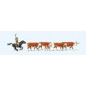 Riding Cowboy and 5 Longhorn Cattle, HO, Preiser Kg 10159