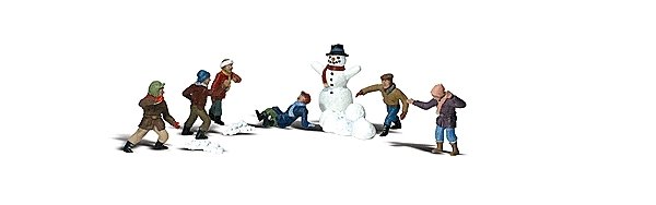 Scenic Accents(R) Figures -- Snowball Fight - 6 Kids, 1 Snowman, 3 Piles of Snows, N, Woodland Scenics 2183