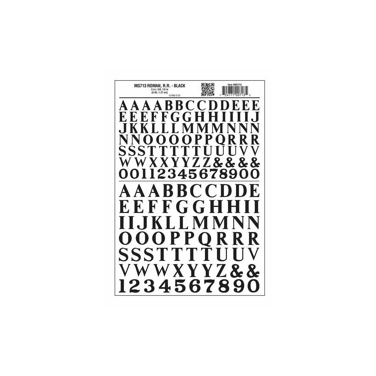 Dry Transfer Alphabet & Numbers - Railroad Roman (3/8 & 1/2′) -- Black, ALL, Woodland Scenics 713