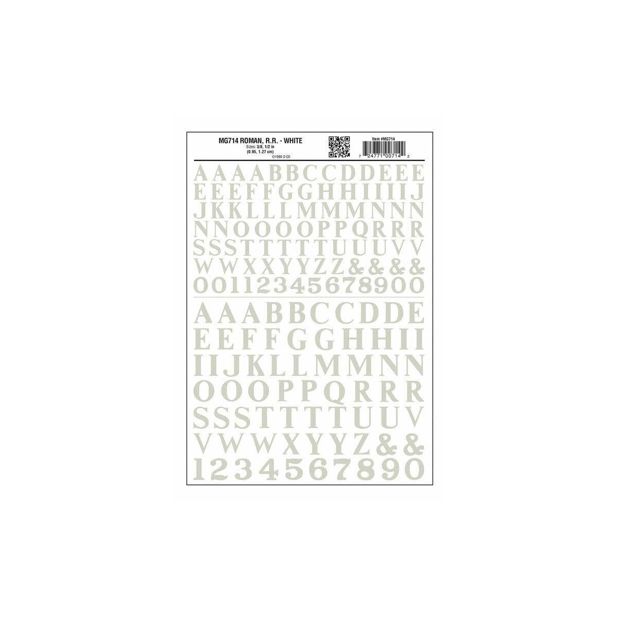 Dry Transfer Alphabet & Numbers - Railroad Roman (3/8 & 1/2′) -- White, ALL, Woodland Scenics 714