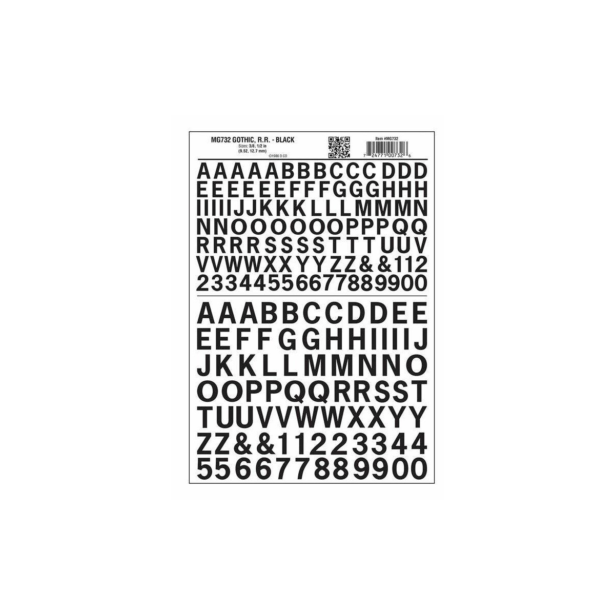 Dry Transfer Alphabet & Numbers - Railroad Gothic - 3/8 & 1/2′ 1 & 1.3cm -- Black, ALL, Woodland Scenics 732
