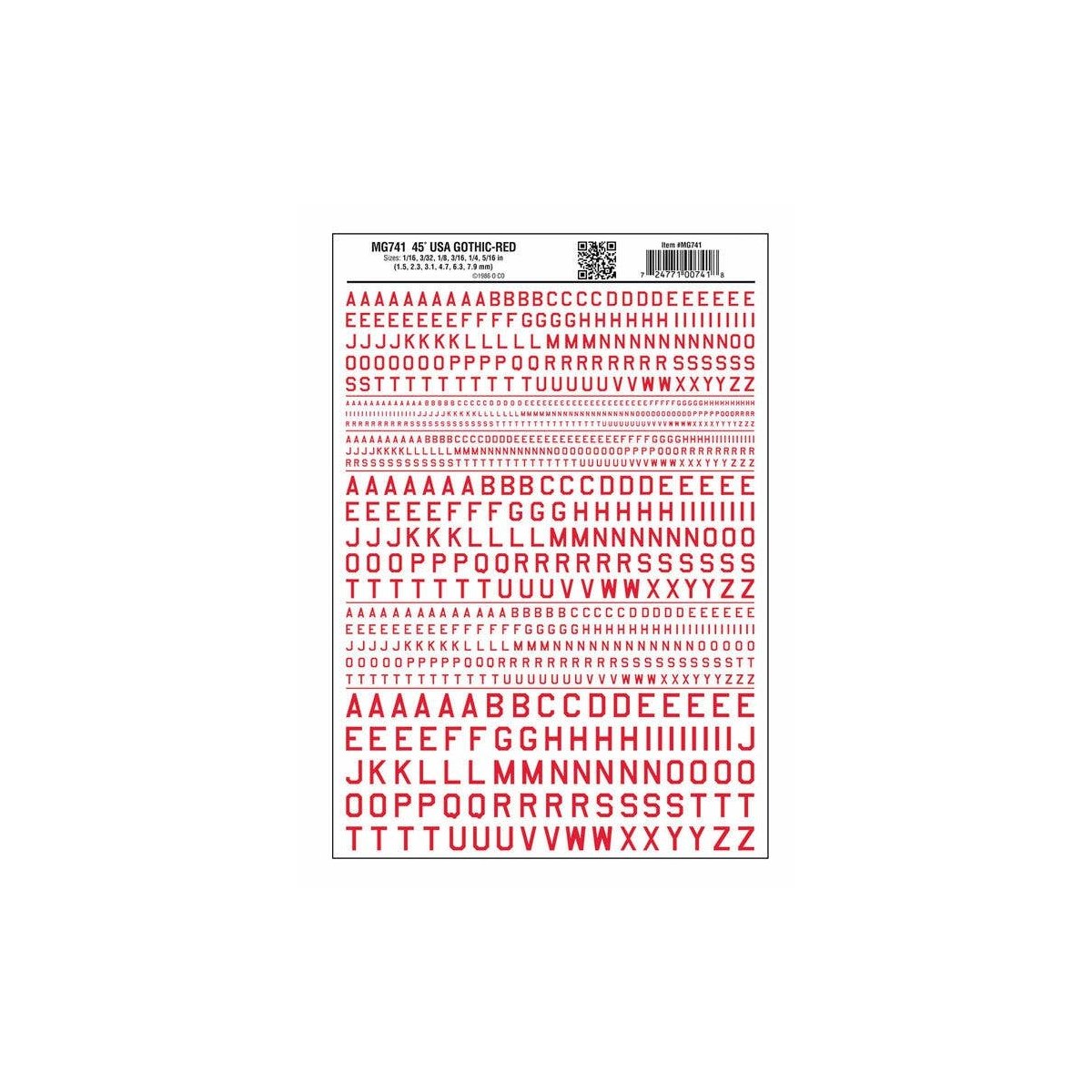 Dry Transfer Alphabet & Numbers - 45-Degree USA Gothic (Military Style) -- Red, ALL, Woodland Scenics 741