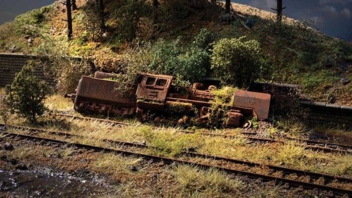 Abandoned Derailed EuropeanSteam Locomotive Hard-Foam Diorama - Kit -- Loco on Base 9-7/16 x 4 x, HO, Noch Gmbh & Co 60763