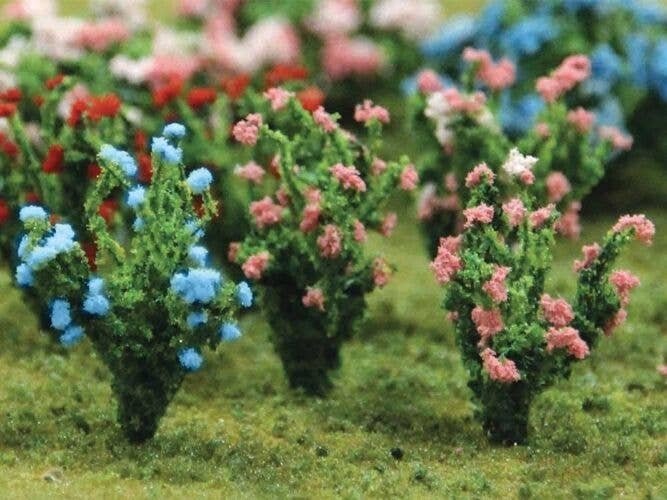 Flowering Bushes -- Pink, Blue 1′ Tall pkg(8), HO, Bachmann Industries 32512