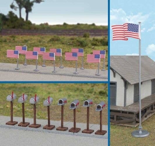 Flags (11) and Mailboxes (8) -- American Flags (50 Stars, 1959-Present), HO, Walthers SceneMaster 4166