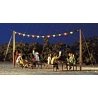 Summer Night Party Set -- Garland w/12 Colored Lights, 2 Wooden Masts, 4 Benches & 2 Tables, HO, Busch Gmbh & Co Kg 5408