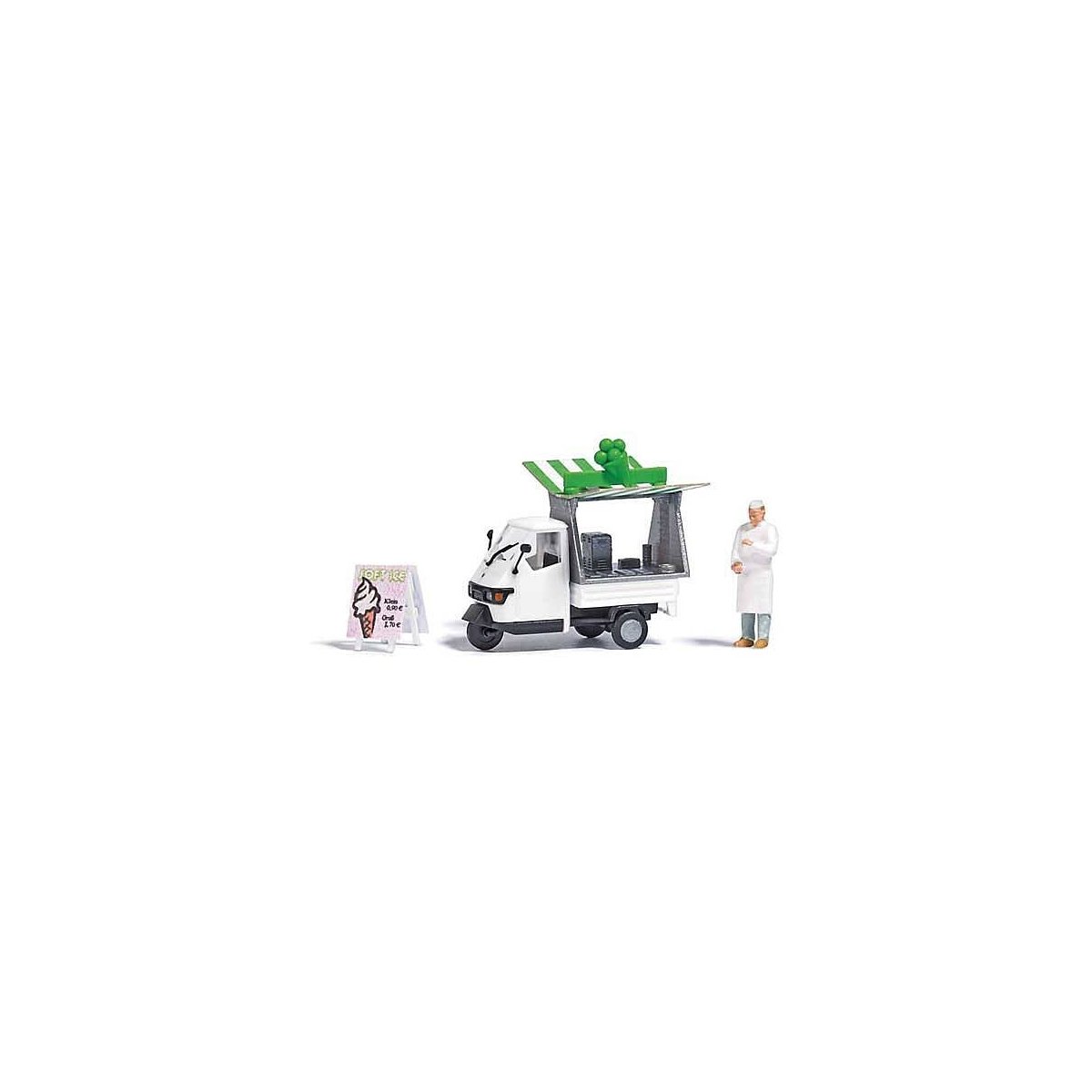 Soft-Serve Ice Cream Truck - Action Set -- Piaggio Ape Sales Truck, Canopy, Figure, Sign and T, HO, Busch Gmbh & Co Kg 7991