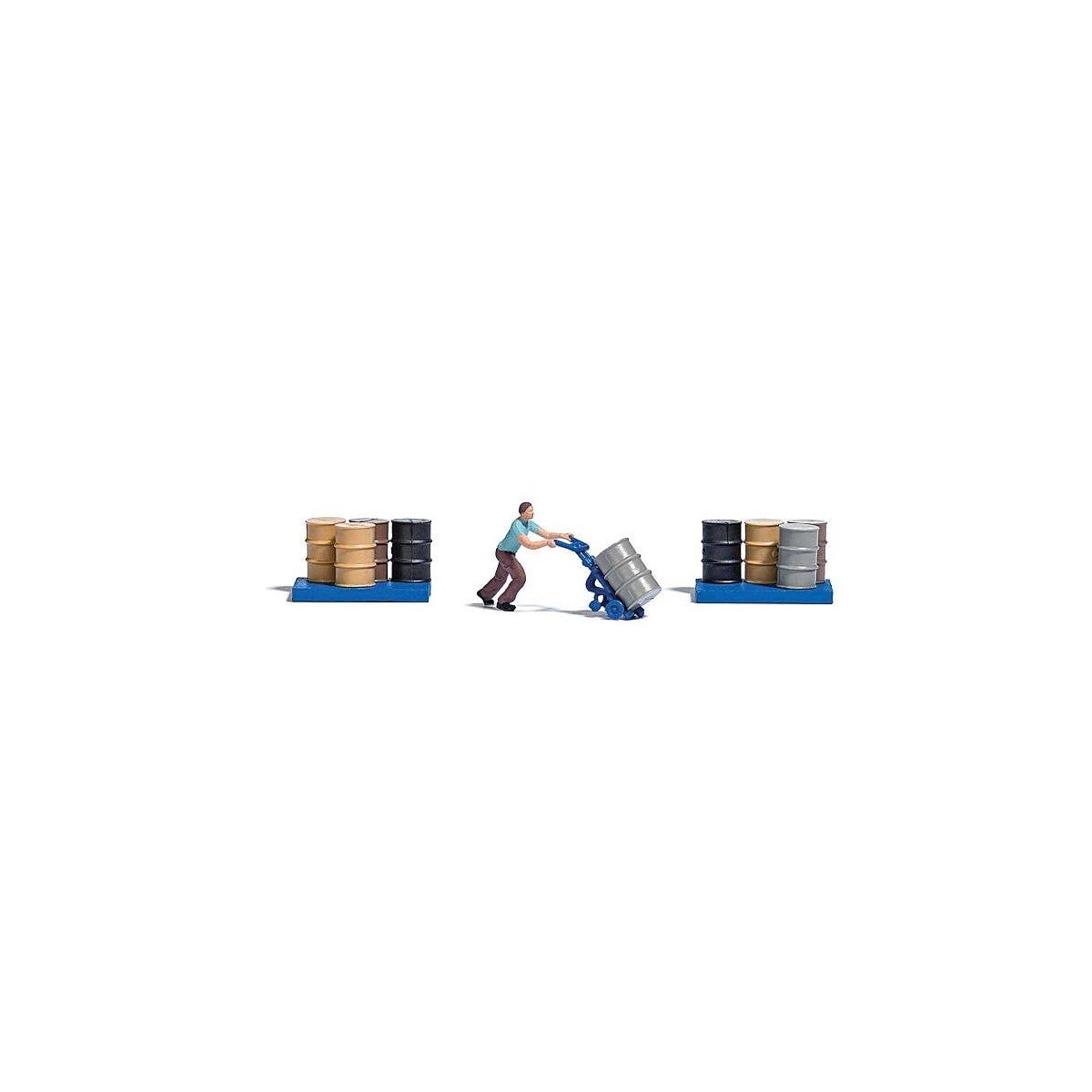 Man with Barrel Cart Miniature Scene -- Man with Barrel Cart, 9 Steel Drums, 2 Barrel Platform, HO, Busch Gmbh & Co Kg 7842
