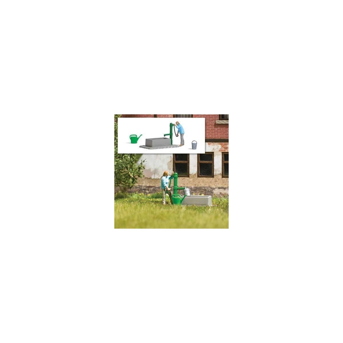 Water Pump Scene - Action Set -- Pump/Cistern, Gardner Figure, Watering Can, Bucket, HO, Busch Gmbh & Co Kg 7975