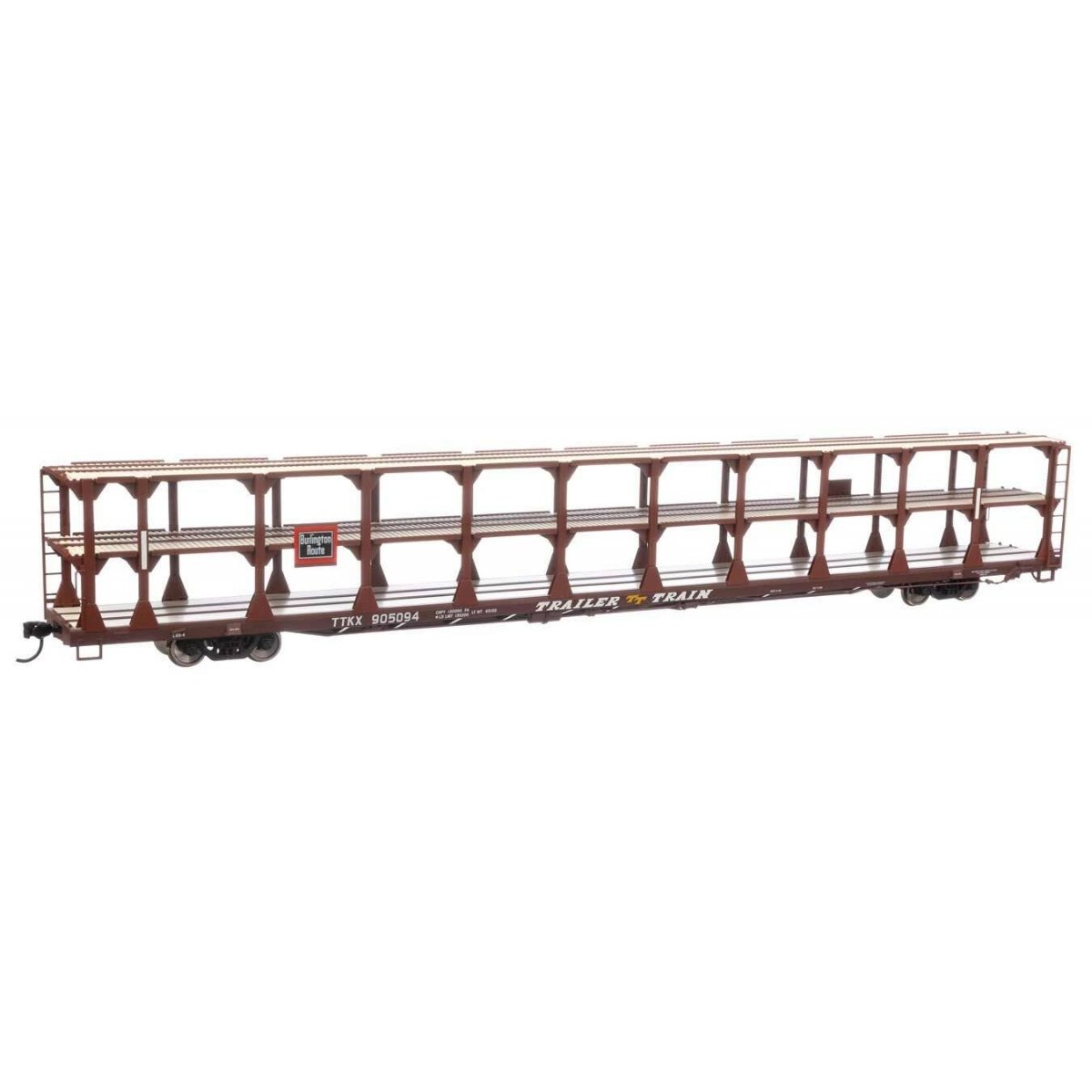 89′ Flatcar w/Tri-Level Open Auto Rack - Ready to Run -- Chicago, Burlington & Quincy Rack Trailer-Train Flatcar TTKX 905094 (