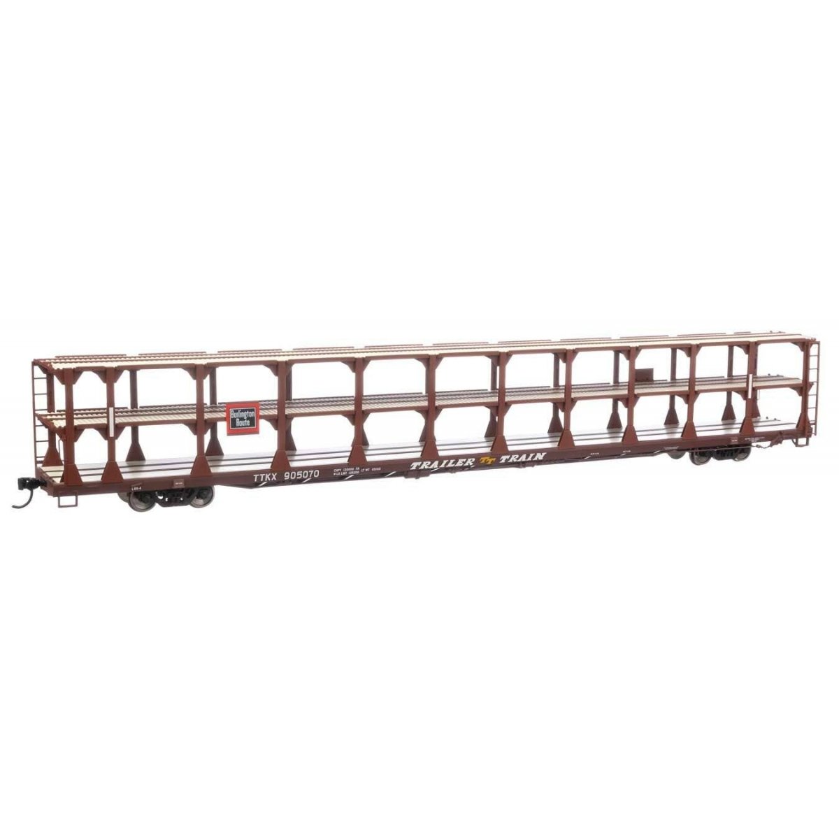 89′ Flatcar w/Tri-Level Open Auto Rack - Ready to Run -- Chicago, Burlington & Quincy / Trailer-Train TTKX 905070 (brown), HO,