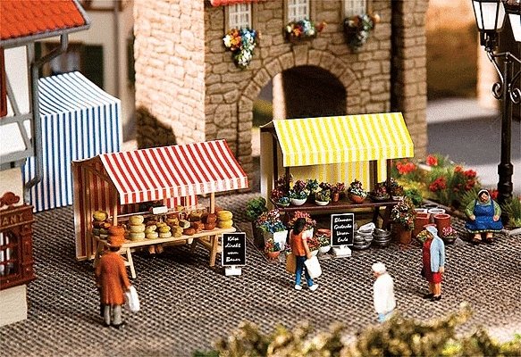 Farmers Market Sales Tents -- Kit - 1 Each Cheese & Flower Tents w/Accessories, HO, Faller Gmbh 180614