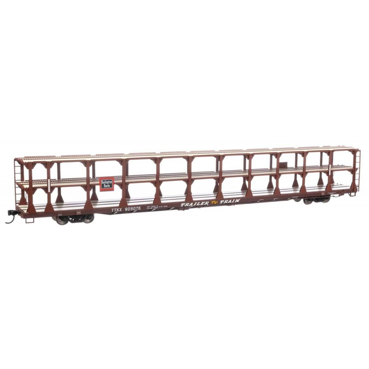 89′ Flatcar w/Tri-Level Open Auto Rack - Ready to Run -- Chicago, Burlington & Quincy / Trailer-Train TTKX 905076 (brown), HO,