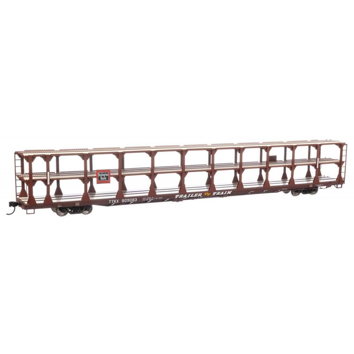 89′ Flatcar w/Tri-Level Open Auto Rack - Ready to Run -- Chicago, Burlington & Quincy Rack Trailer-Train Flatcar TTKX 905083 (