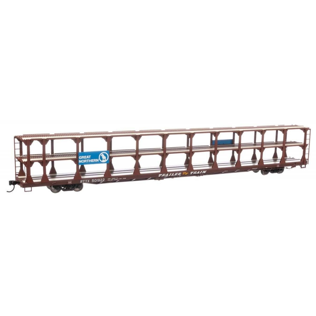 89′ Flatcar w/Tri-Level Open Auto Rack - Ready to Run -- Great Northern Rack Trailer-Train Flatcar RTTX 501922 (brown), HO, Wa