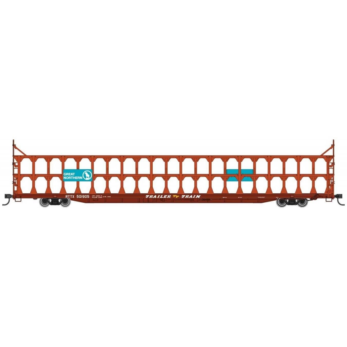 89′ Flatcar w/Tri-Level Open Auto Rack - Ready to Run -- Great Northern Rack Trailer-Train Flatcar RTTX 501905 (brown), HO, Wa