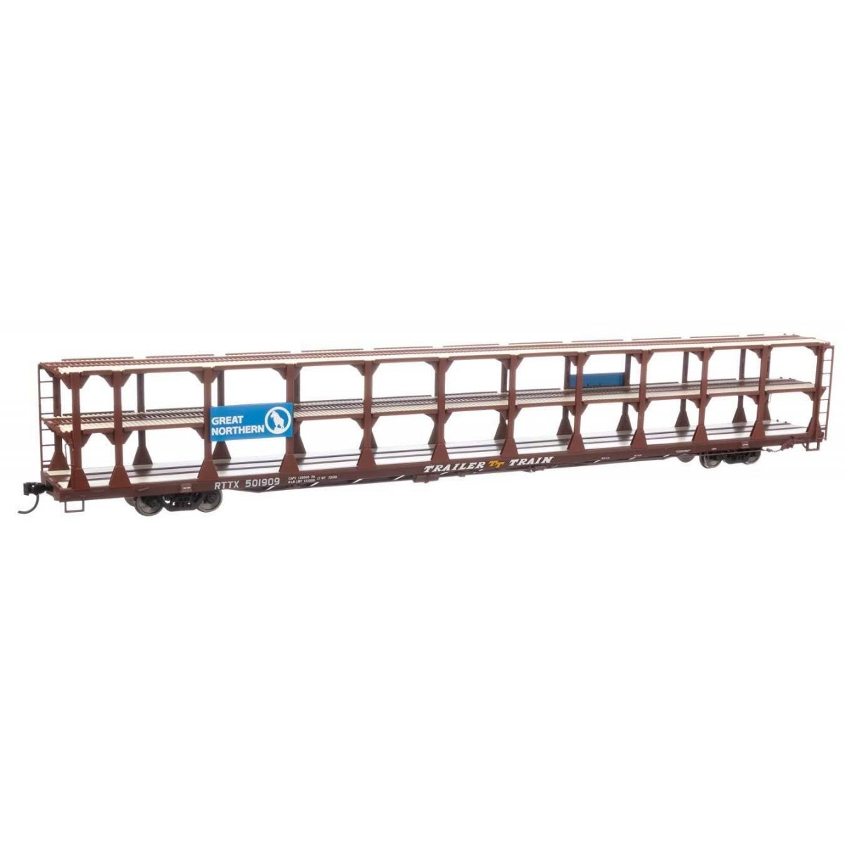 89′ Flatcar w/Tri-Level Open Auto Rack - Ready to Run -- Great Northern Rack Trailer-Train Flatcar RTTX 501909 (brown), HO, Wa