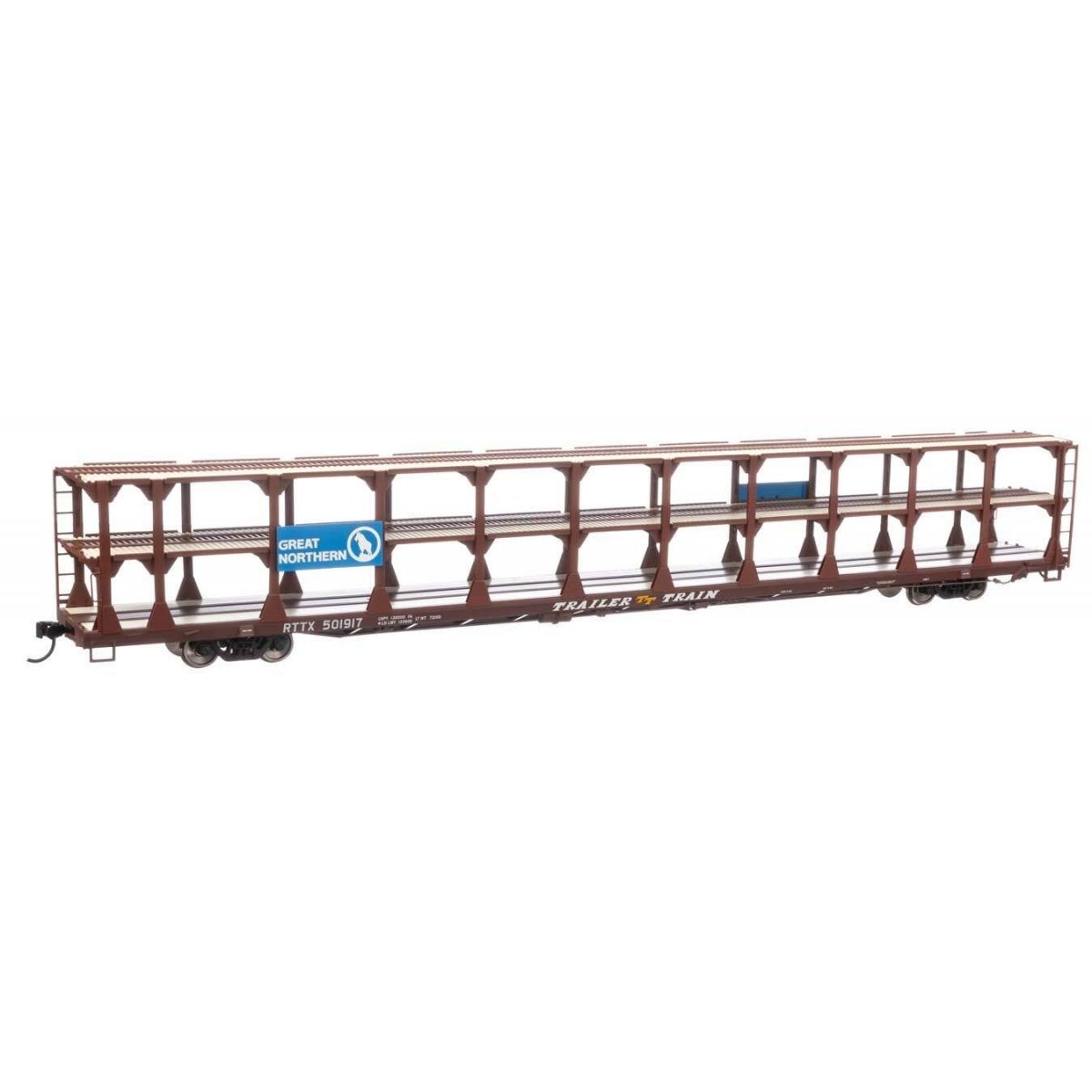 89′ Flatcar w/Tri-Level Open Auto Rack - Ready to Run -- Great Northern Rack Trailer-Train Flatcar RTTX 501917 (brown), HO, Wa