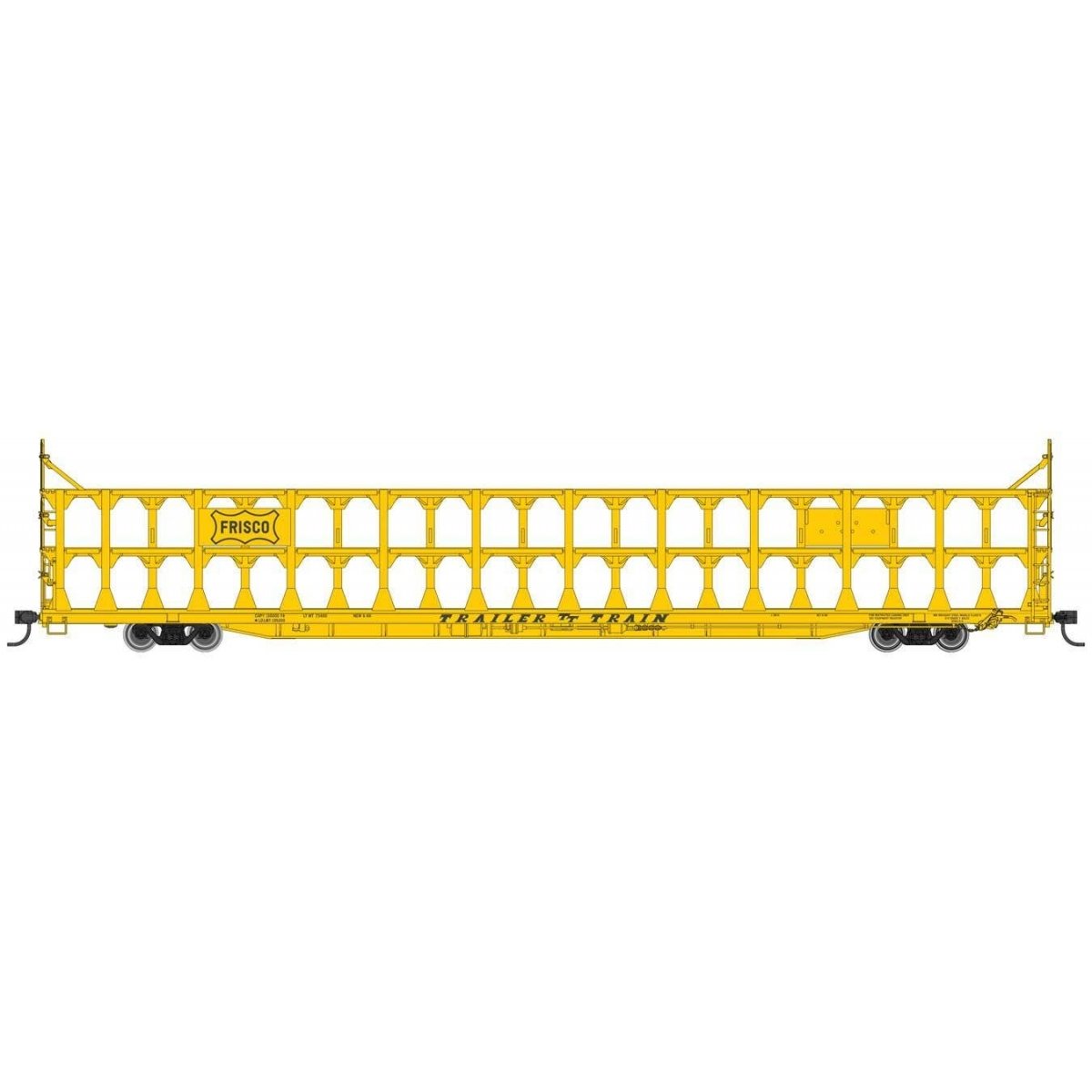 89′ Flatcar w/Tri-Level Open Auto Rack - Ready to Run -- St. Louis - San Francisco Rack Trailer-Train Flatcar 913598 (yellow),