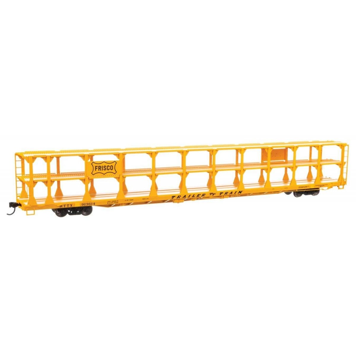 89′ Flatcar w/Tri-Level Open Auto Rack - Ready to Run -- St. Louis - San Francisco Rack Trailer-Train Flatcar 913614 (yellow),