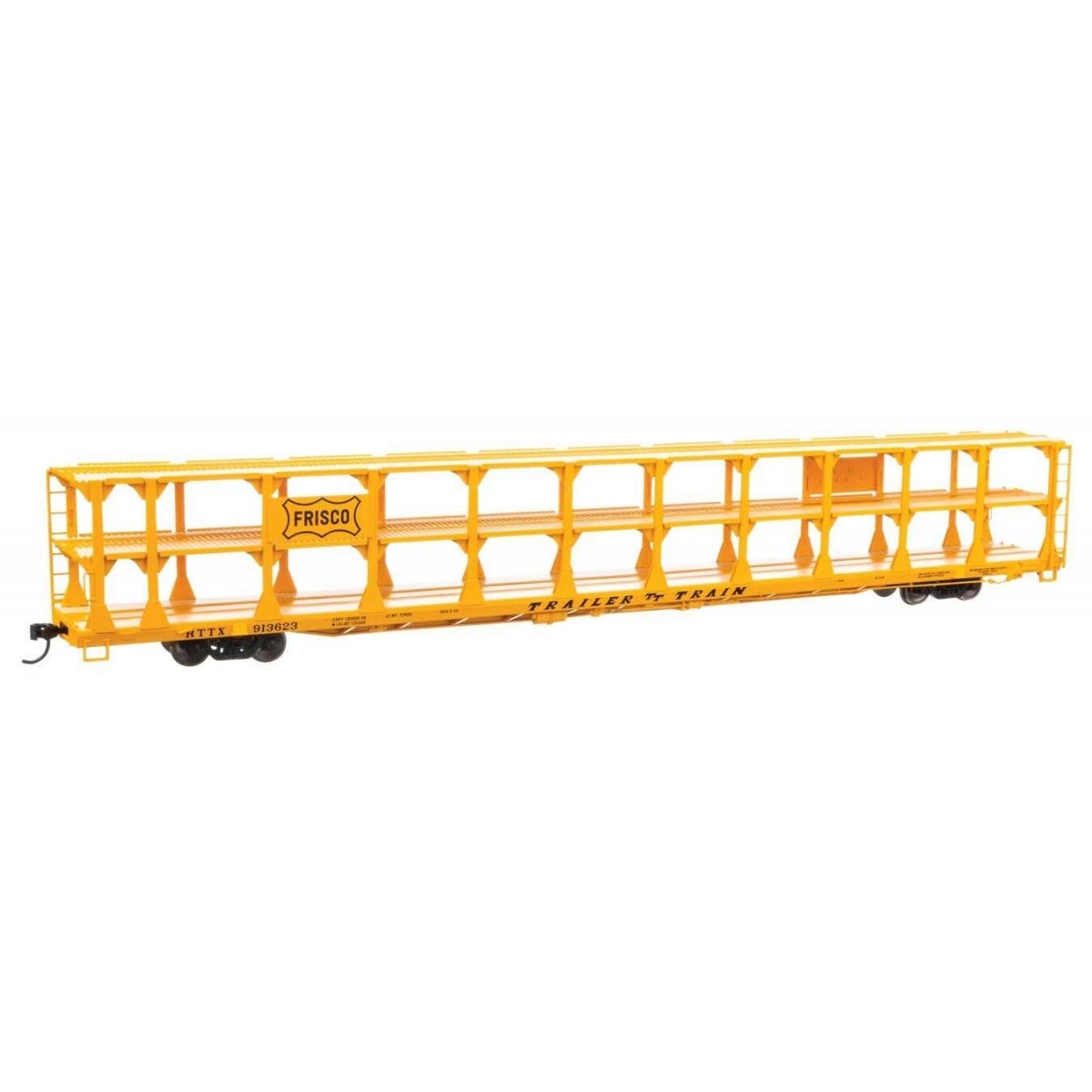 89′ Flatcar w/Tri-Level Open Auto Rack - Ready to Run -- St. Louis - San Francisco Rack Trailer-Train Flatcar 913623 (yellow),