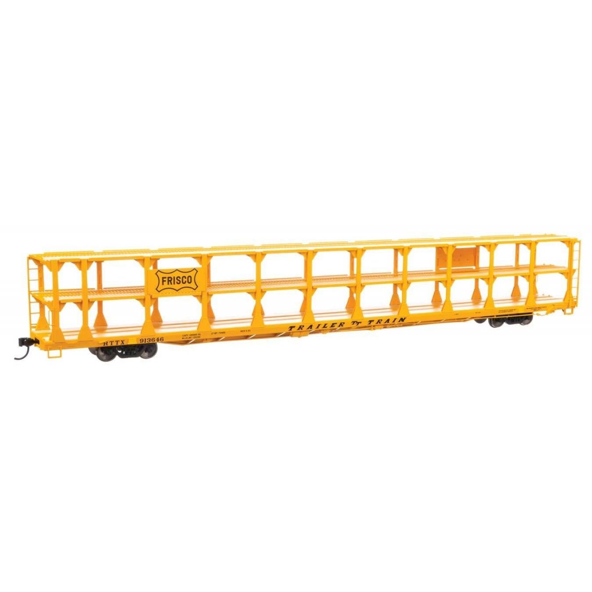 89′ Flatcar w/Tri-Level Open Auto Rack - Ready to Run -- St. Louis - San Francisco Rack Trailer-Train Flatcar 913646 (yellow),