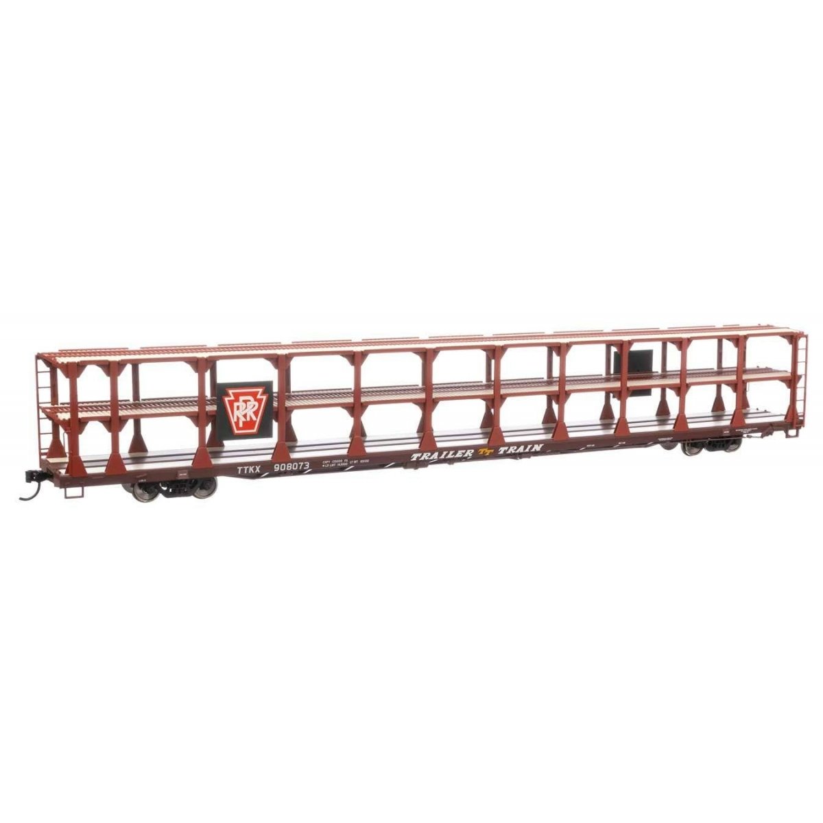 89′ Flatcar w/Tri-Level Open Auto Rack - Ready to Run -- Pennsylvania Railroad Rack Trailer-Train Flatcar 908073 (brown), HO, 