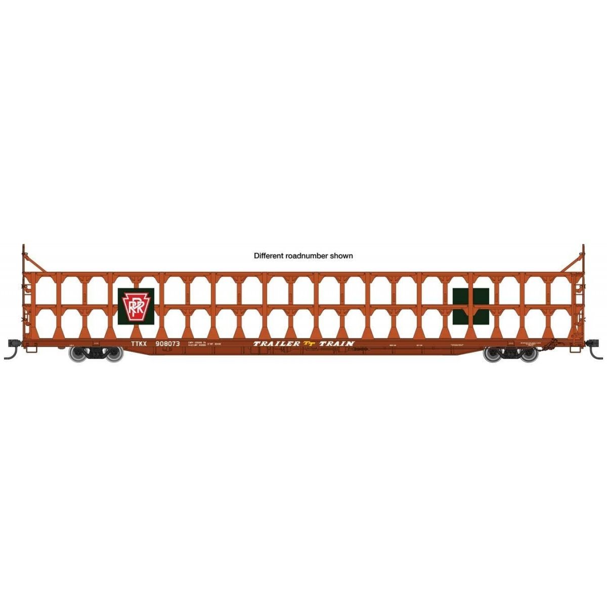 89′ Flatcar w/Tri-Level Open Auto Rack - Ready to Run -- Pennsylvania Railroad Rack Trailer-Train Flatcar 908090 (brown), HO, 