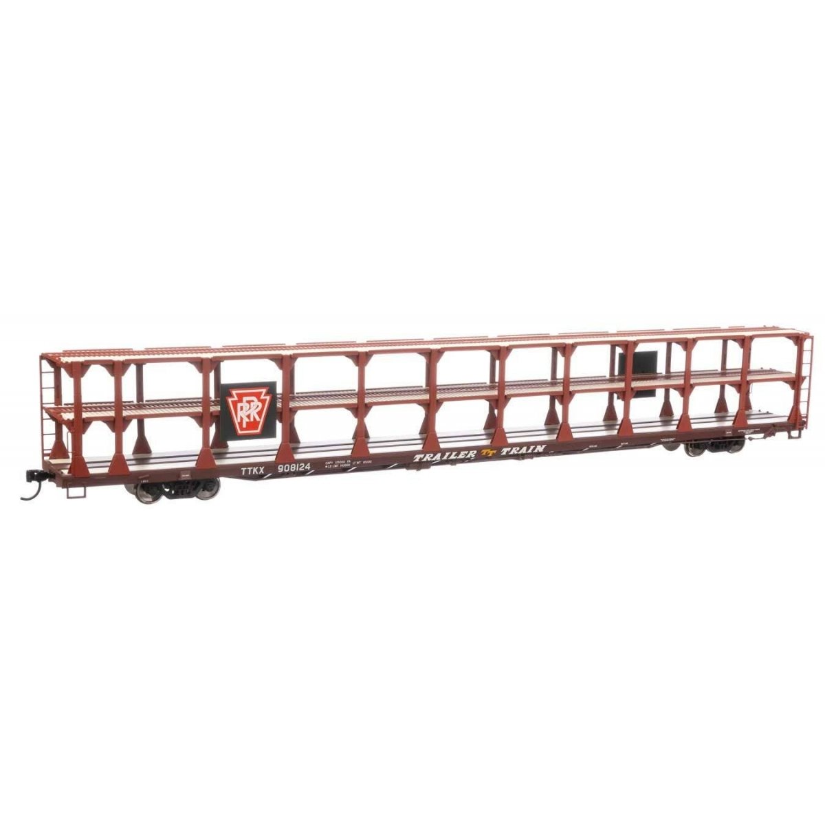 89′ Flatcar w/Tri-Level Open Auto Rack - Ready to Run -- Pennsylvania Railroad Rack Trailer-Train Flatcar 908124 (brown), HO, 