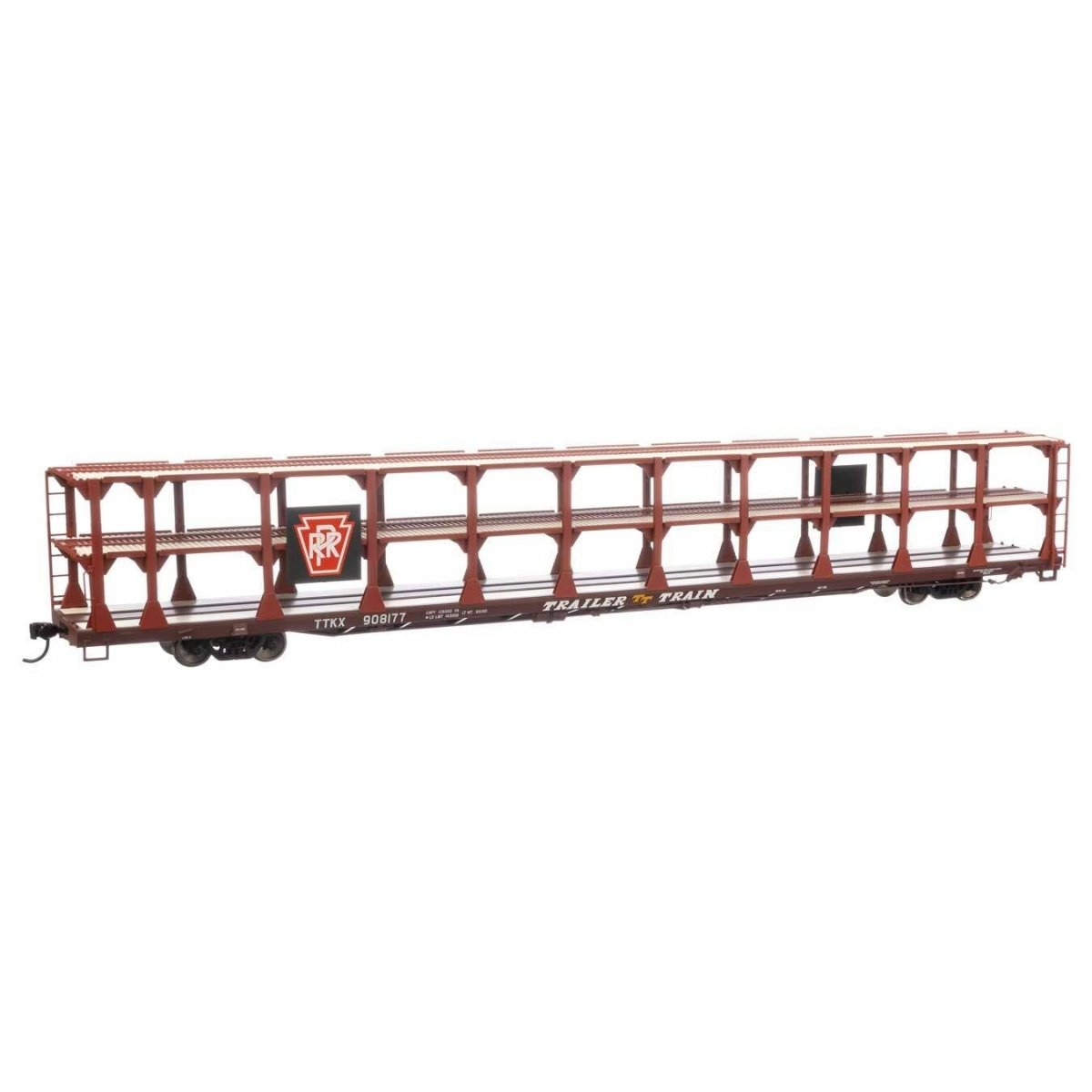 89′ Flatcar w/Tri-Level Open Auto Rack - Ready to Run -- Pennsylvania Railroad Rack Trailer-Train Flatcar 908177 (brown), HO, 