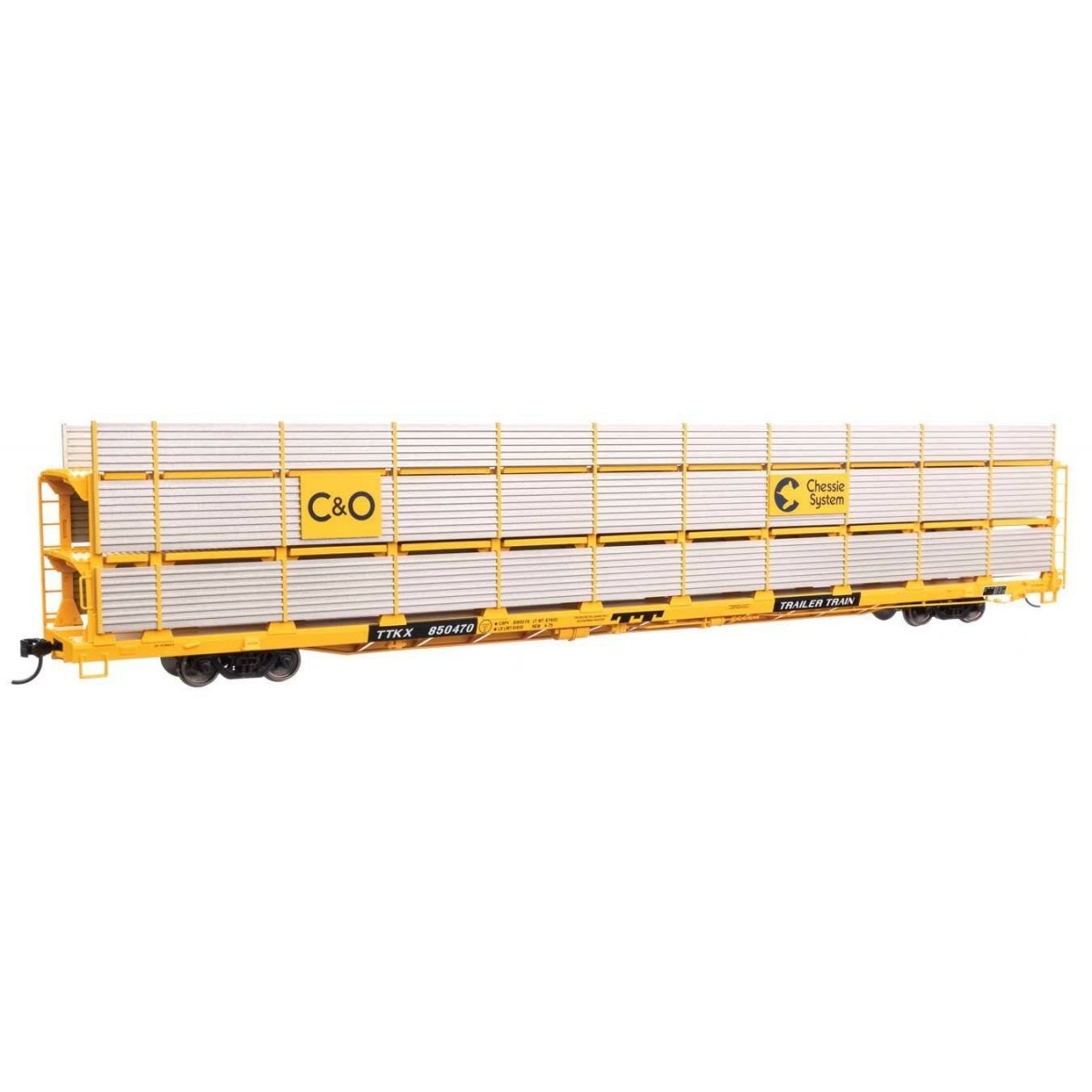 89′ Flatcar w/Tri-Level Shielded Auto Rack - Ready to Run -- Chesapeake & Ohio 850470, TTKX Flatcar (yellow), HO, WalthersMain