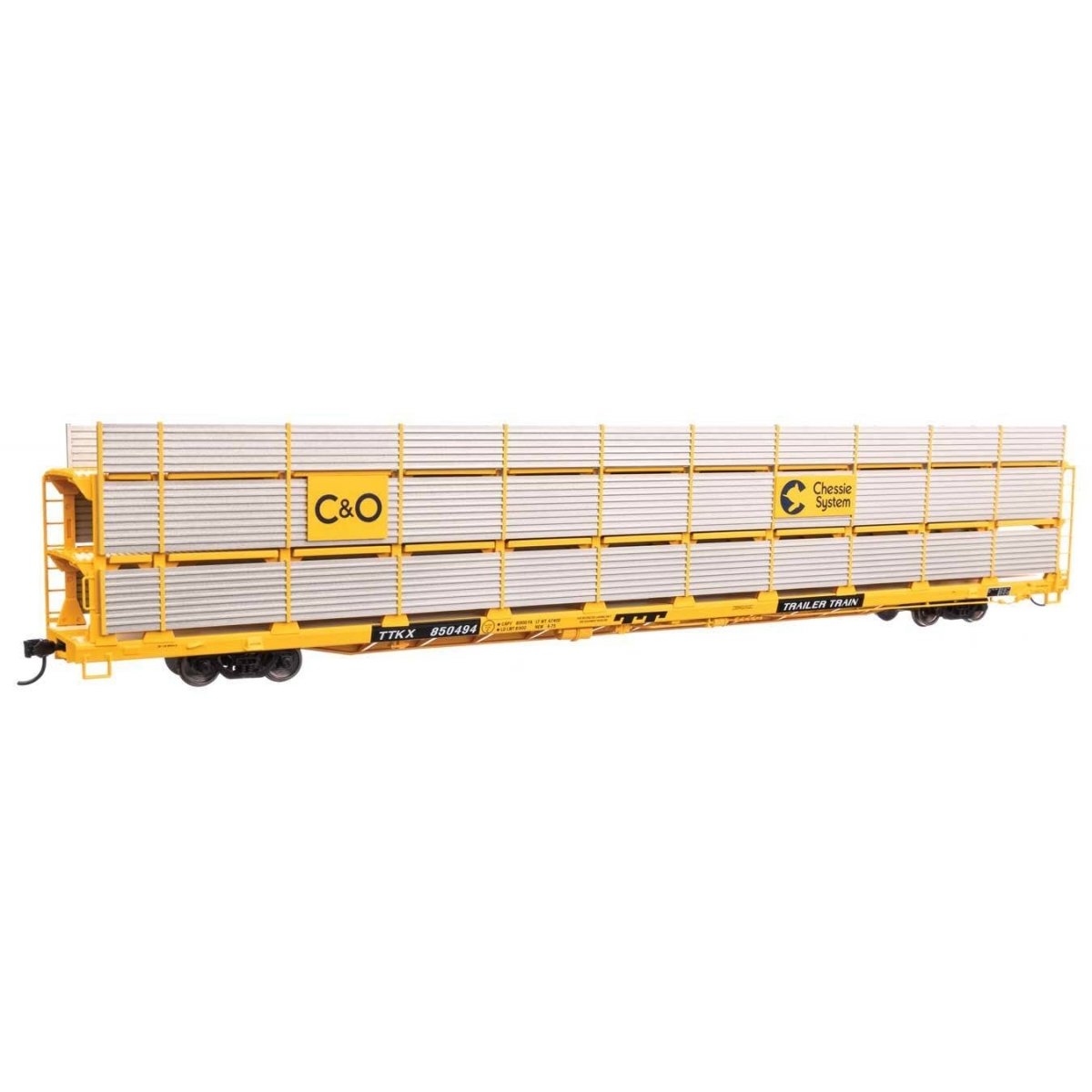 89′ Flatcar w/Tri-Level Shielded Auto Rack - Ready to Run -- Chesapeake & Ohio 850494, TTKX Flatcar (yellow), HO, WalthersMain