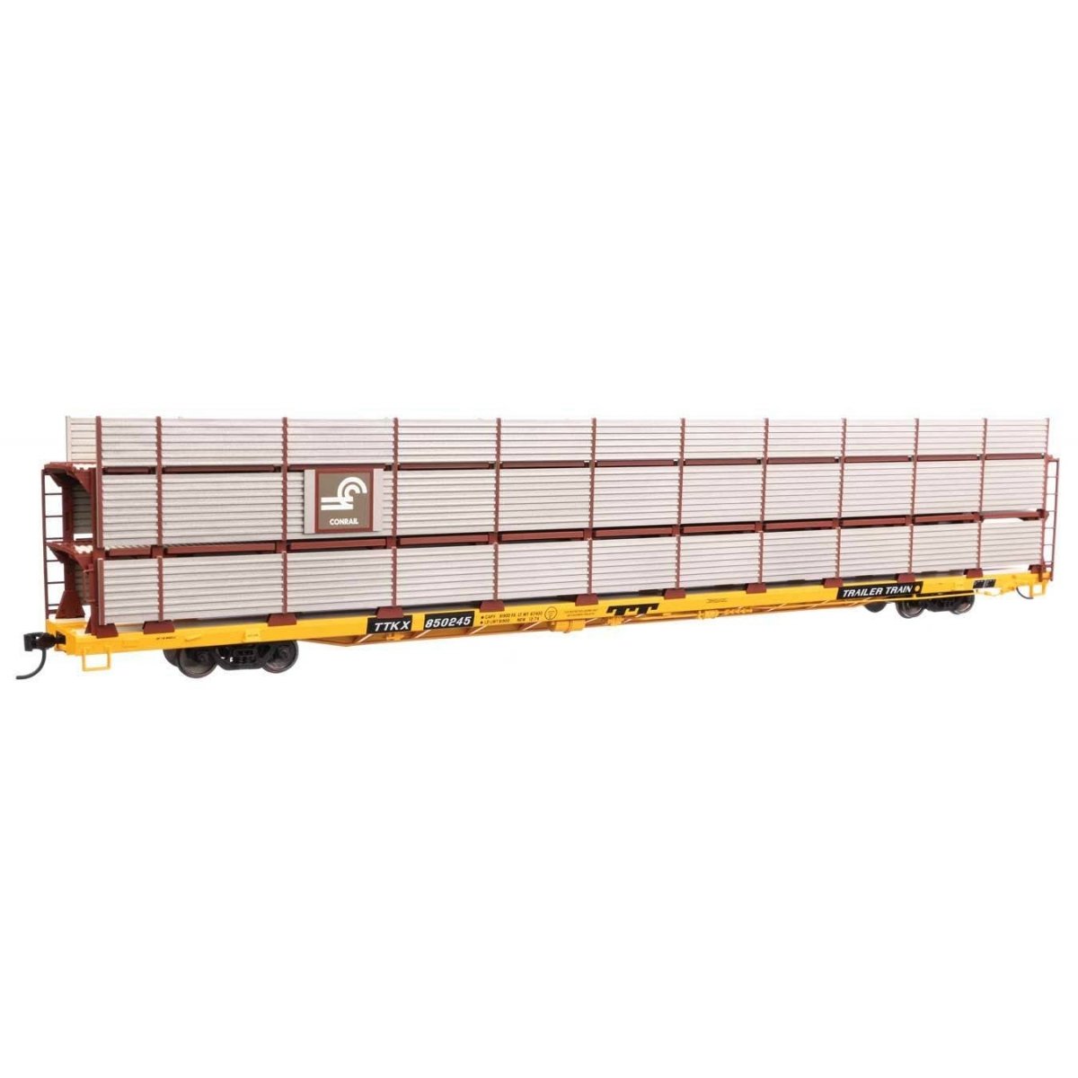 89′ Flatcar w/Tri-Level Shielded Auto Rack - Ready to Run -- Conrail 850245, TTKX Flatcar (yellow), HO, WalthersMainline 8309