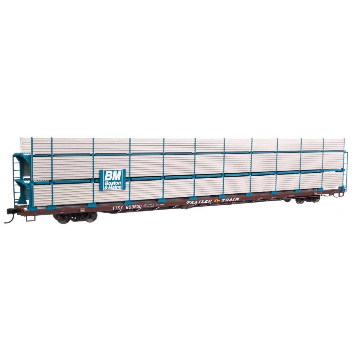 89′ Flatcar w/Tri-Level Shielded Auto Rack - Ready to Run -- Boston & Maine 908820, TTKX Flatcar (brown), HO, WalthersMainline