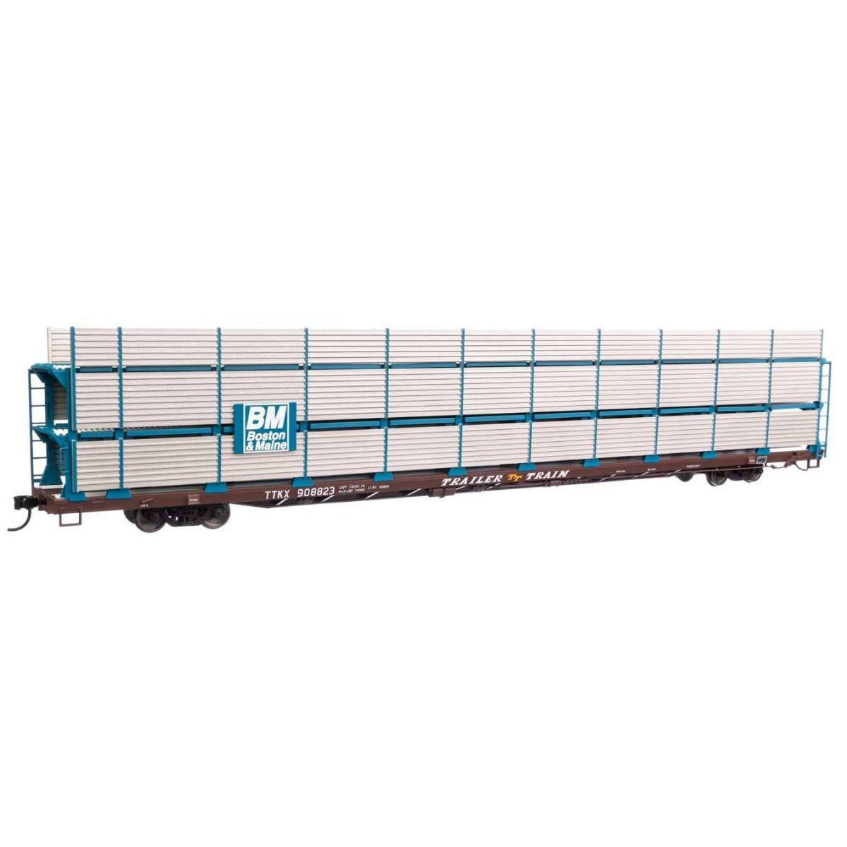 89′ Flatcar w/Tri-Level Shielded Auto Rack - Ready to Run -- Boston & Maine 90882, TTKX Flatcar (brown), HO, WalthersMainline 