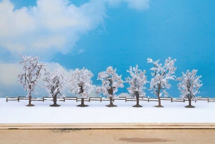 Winter Deciduous Trees w/Snow -- 3-1/8 TO 3-15/16′ 7.9 to 10cm pkg(7), HO, Noch Gmbh & Co 25075